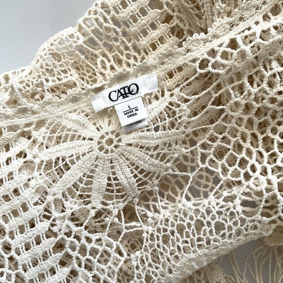 CATO FLORAL CROCHET LACE FRINGE BOHO OPEN FRONT CARDIGAN - Picture 14 of 16